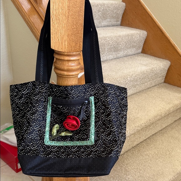 Goody Stylish Large Black Tote Bag with Green and Red Rose Accents - Picture 7 of 7